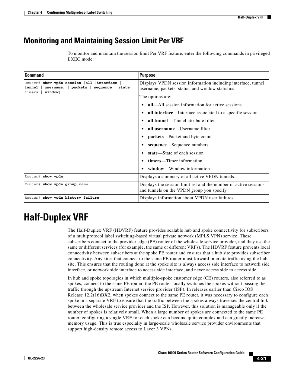 Monitoring and maintaining session limit per vrf, Half-duplex vrf | Cisco 10000 User Manual | Page 153 / 556