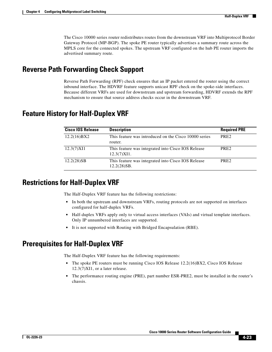 Reverse path forwarding check support, Feature history for half-duplex vrf, Restrictions for half-duplex vrf | Prerequisites for half-duplex vrf | Cisco 10000 User Manual | Page 155 / 556