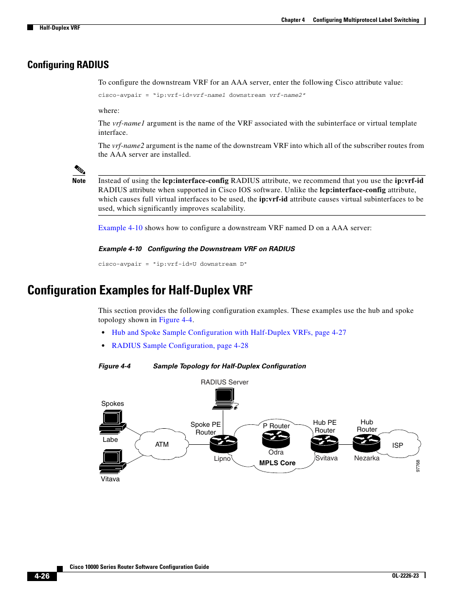 Configuring radius, Configuration examples for half-duplex vrf | Cisco 10000 User Manual | Page 158 / 556