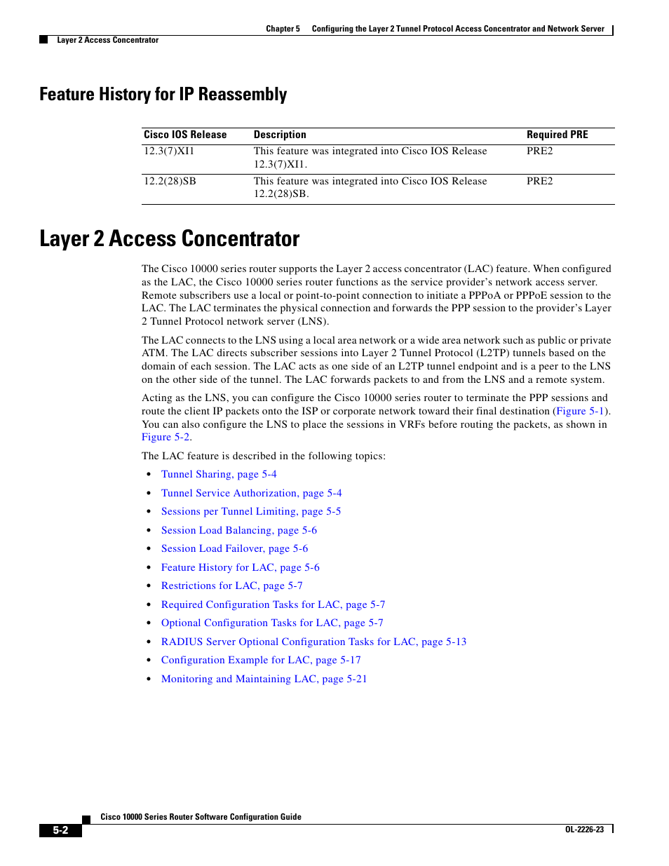 Feature history for ip reassembly, Layer 2 access concentrator | Cisco 10000 User Manual | Page 166 / 556