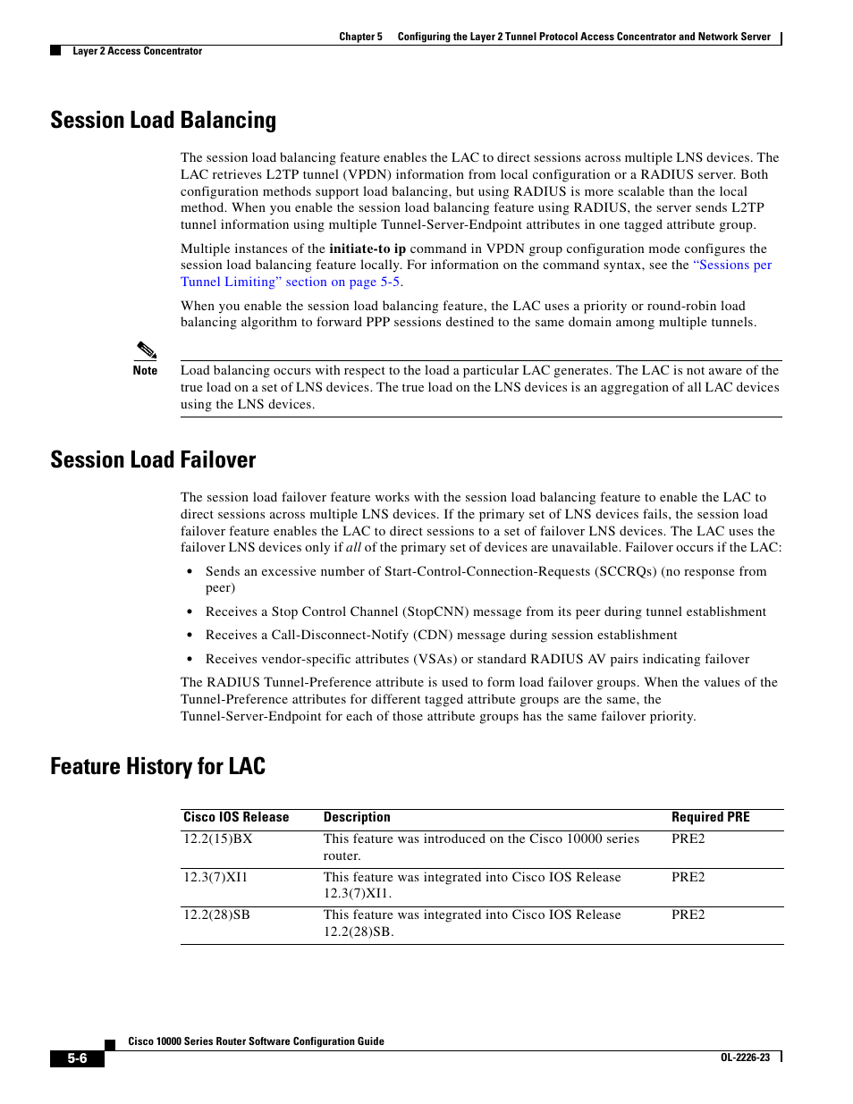 Session load balancing, Session load failover, Feature history for lac | Cisco 10000 User Manual | Page 170 / 556