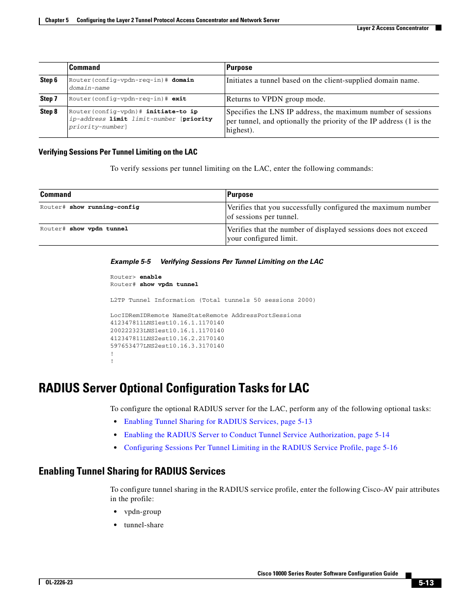 Radius server optional configuration tasks for lac, Enabling tunnel sharing for radius services | Cisco 10000 User Manual | Page 177 / 556