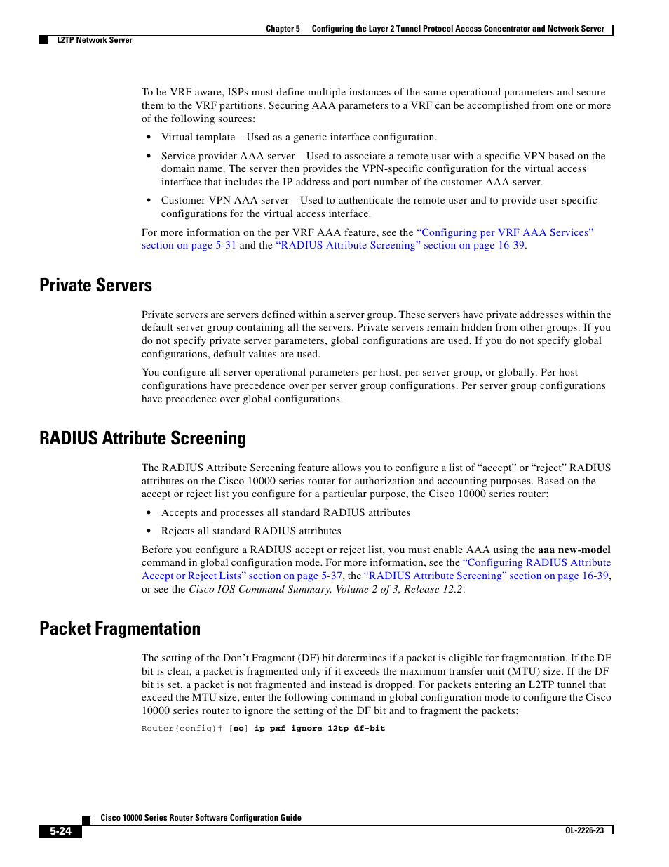 Private servers, Radius attribute screening, Packet fragmentation | Cisco 10000 User Manual | Page 188 / 556