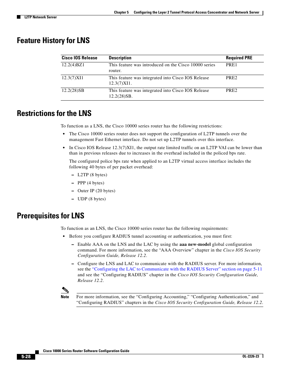 Feature history for lns, Restrictions for the lns, Prerequisites for lns | Feature history for lns restrictions for the lns | Cisco 10000 User Manual | Page 192 / 556