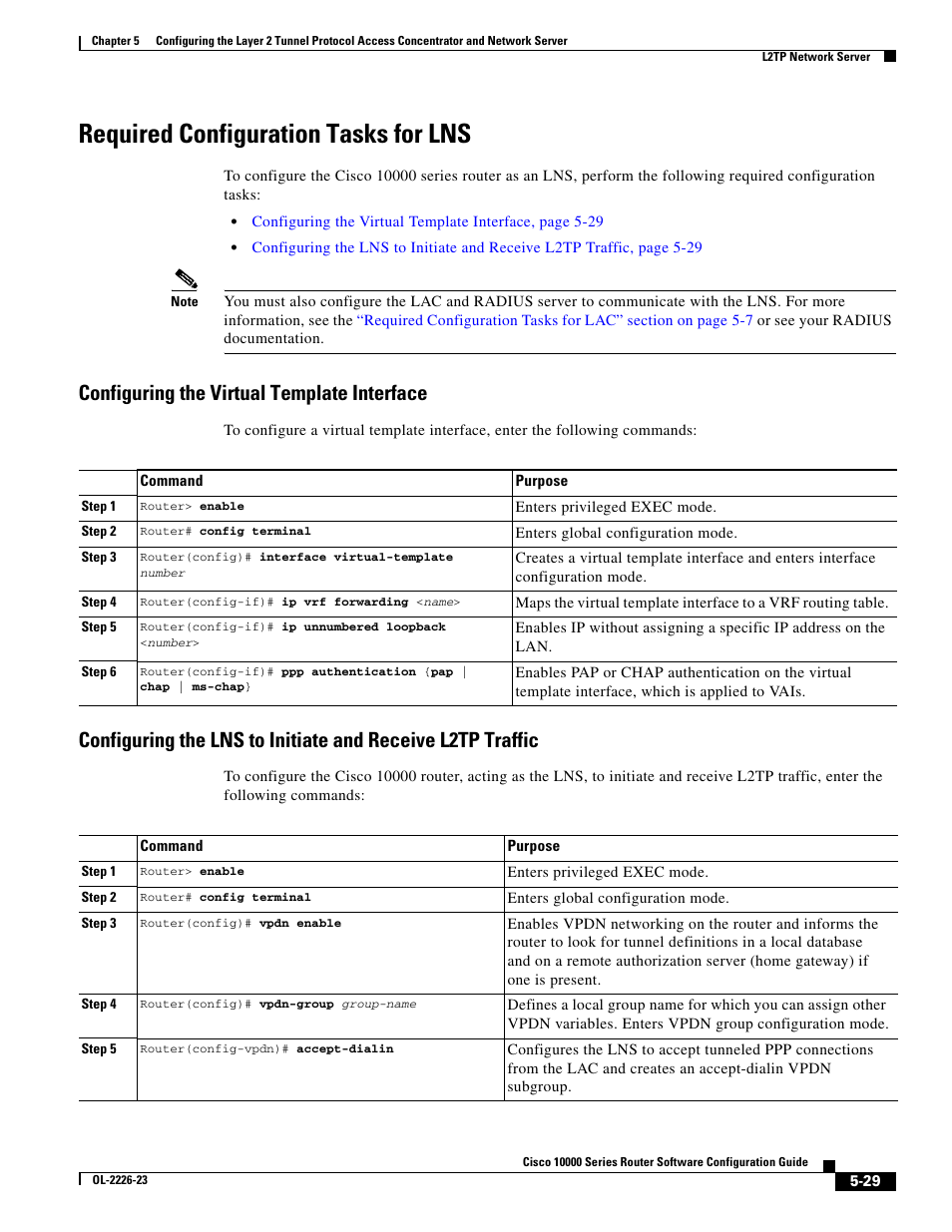 Required configuration tasks for lns, Configuring the virtual template interface | Cisco 10000 User Manual | Page 193 / 556