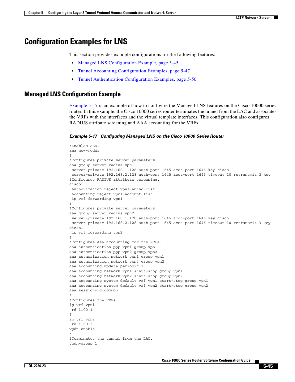 Configuration examples for lns, Managed lns configuration example | Cisco 10000 User Manual | Page 209 / 556