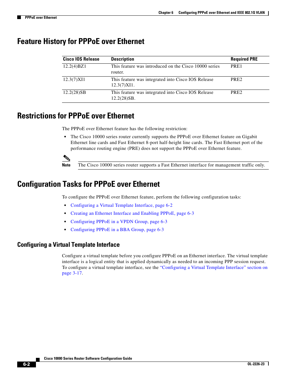 Feature history for pppoe over ethernet, Restrictions for pppoe over ethernet, Configuration tasks for pppoe over ethernet | Configuring a virtual template interface | Cisco 10000 User Manual | Page 218 / 556