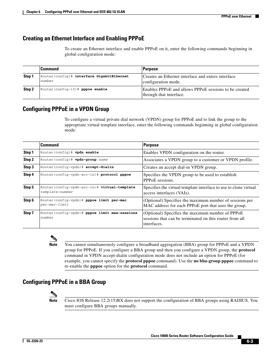 Creating an ethernet interface and enabling pppoe, Configuring pppoe in a vpdn group, Configuring pppoe in a bba group | Cisco 10000 User Manual | Page 219 / 556