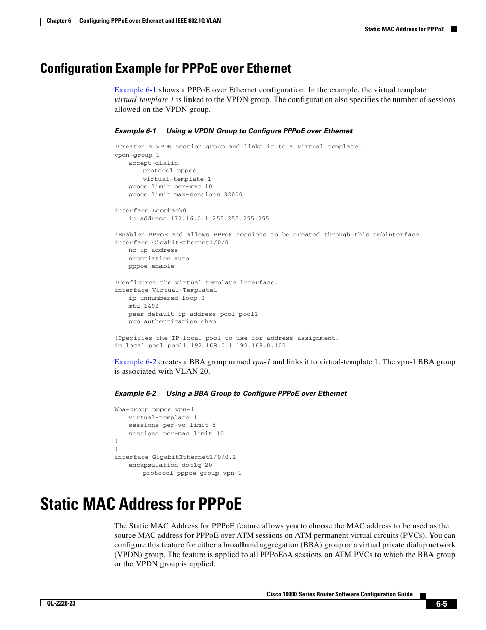 Configuration example for pppoe over ethernet, Static mac address for pppoe | Cisco 10000 User Manual | Page 221 / 556