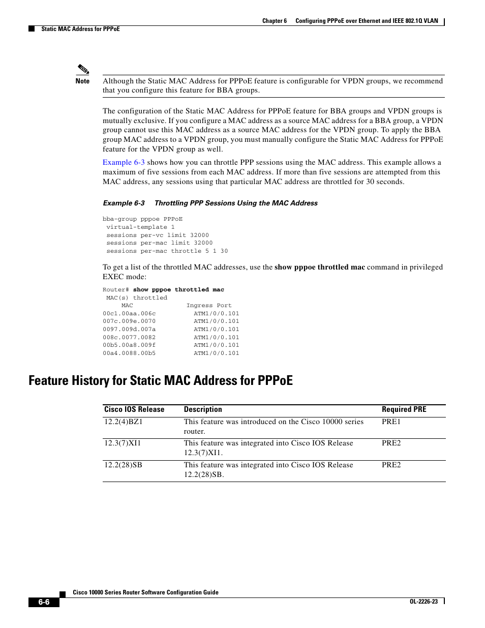 Feature history for static mac address for pppoe | Cisco 10000 User Manual | Page 222 / 556