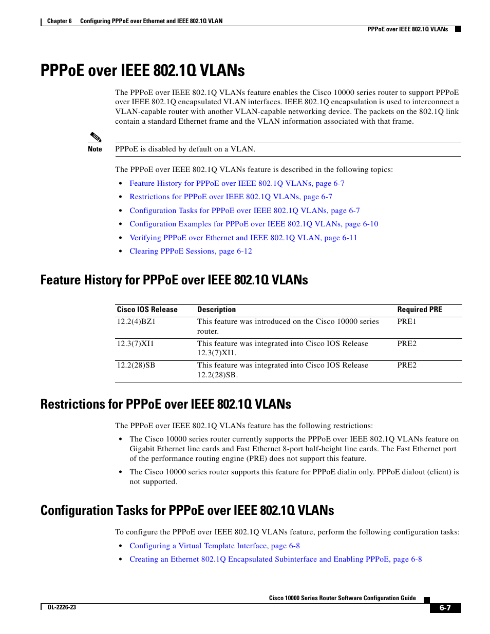 Pppoe over ieee 802.1q vlans, Feature history for pppoe over ieee 802.1q vlans, Restrictions for pppoe over ieee 802.1q vlans | Cisco 10000 User Manual | Page 223 / 556