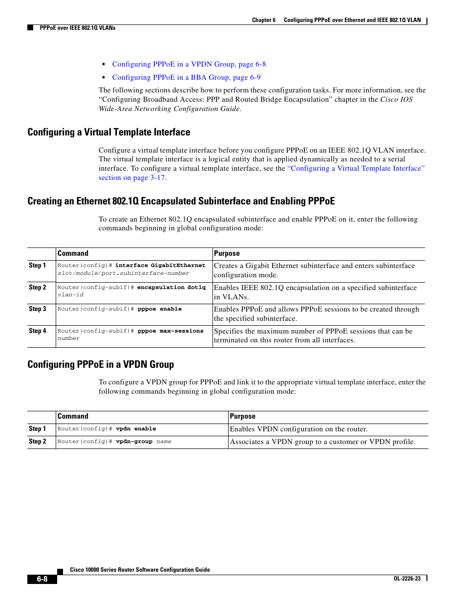 Configuring a virtual template interface, Configuring pppoe in a vpdn group | Cisco 10000 User Manual | Page 224 / 556