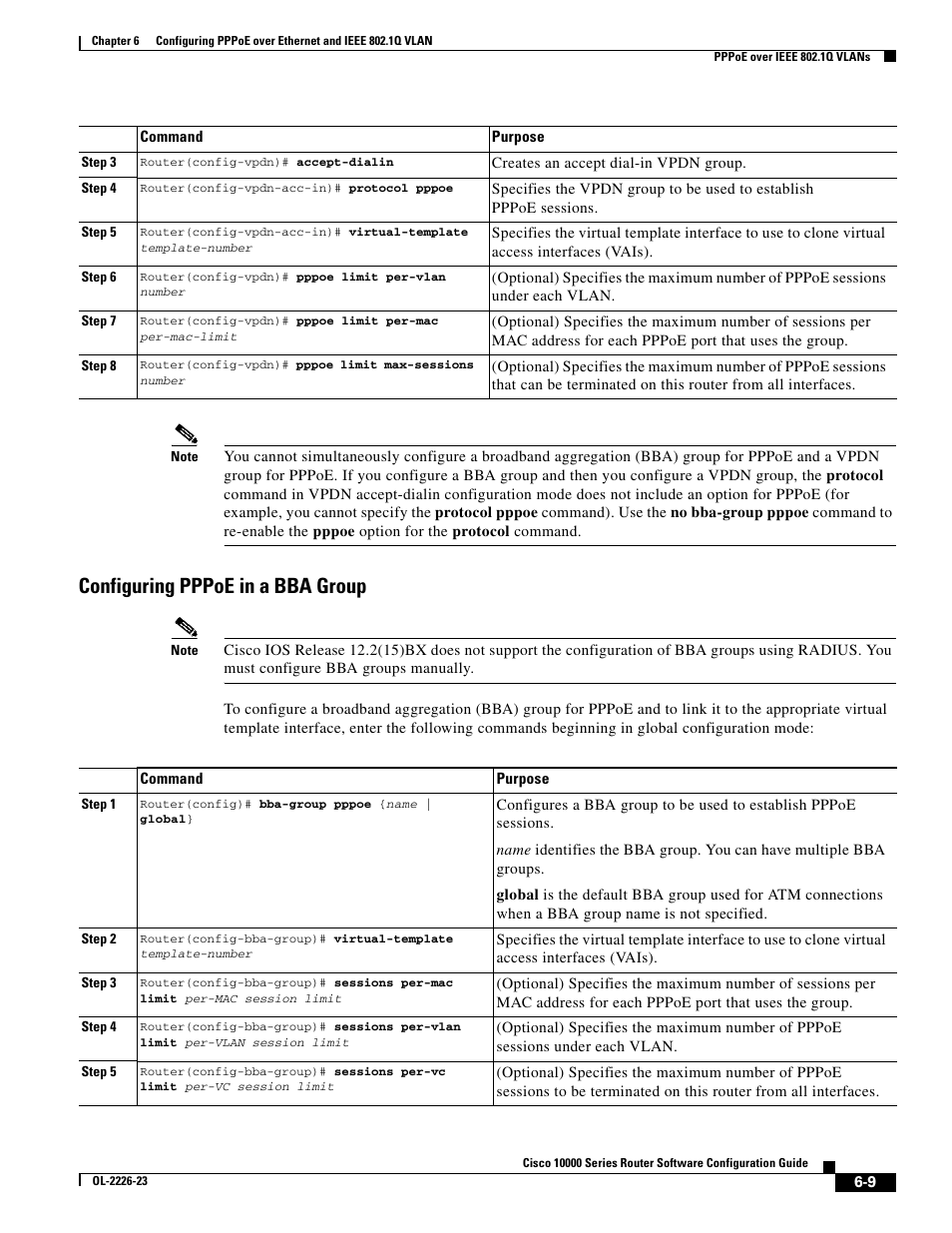 Configuring pppoe in a bba group | Cisco 10000 User Manual | Page 225 / 556