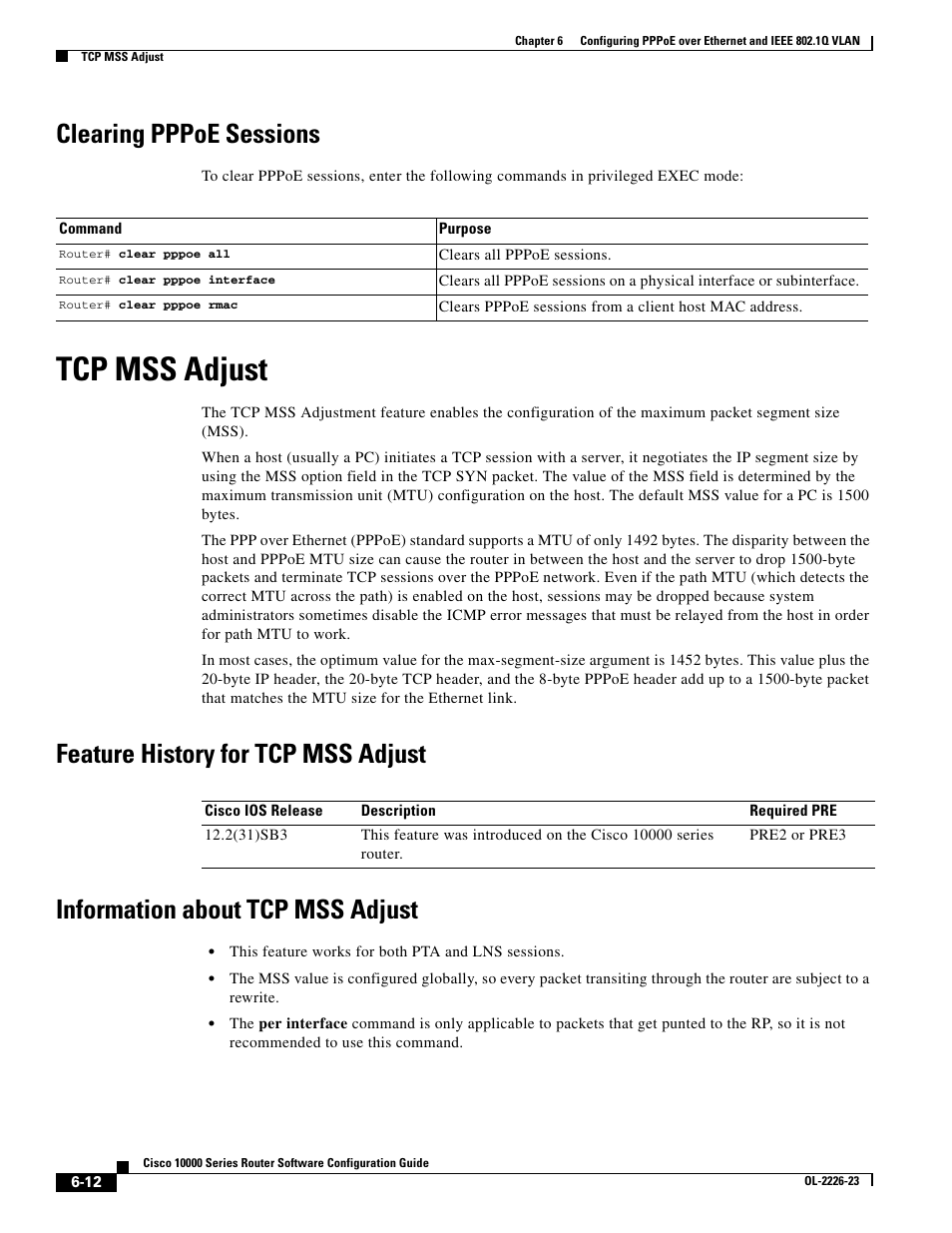 Clearing pppoe sessions, Tcp mss adjust, Feature history for tcp mss adjust | Information about tcp mss adjust | Cisco 10000 User Manual | Page 228 / 556