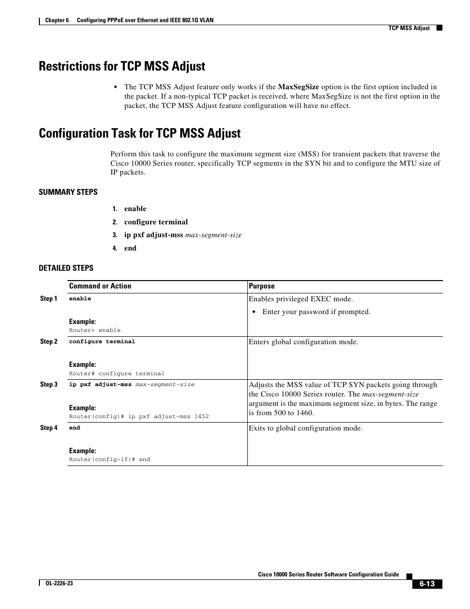 Restrictions for tcp mss adjust, Configuration task for tcp mss adjust | Cisco 10000 User Manual | Page 229 / 556