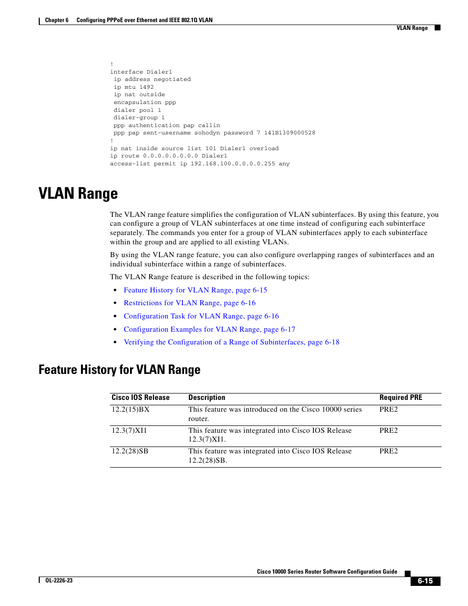 Vlan range, Feature history for vlan range | Cisco 10000 User Manual | Page 231 / 556