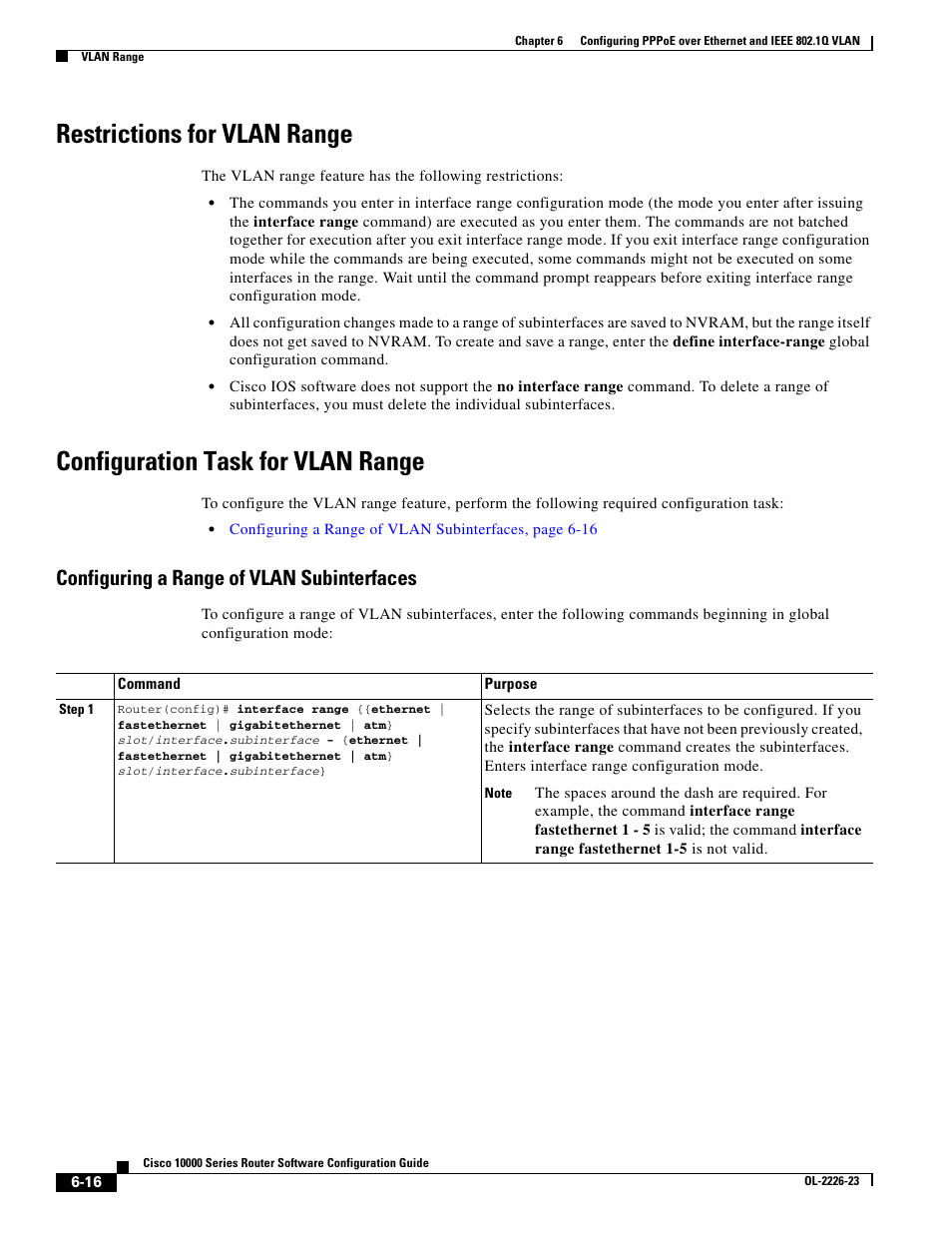 Restrictions for vlan range, Configuration task for vlan range, Configuring a range of vlan subinterfaces | Cisco 10000 User Manual | Page 232 / 556