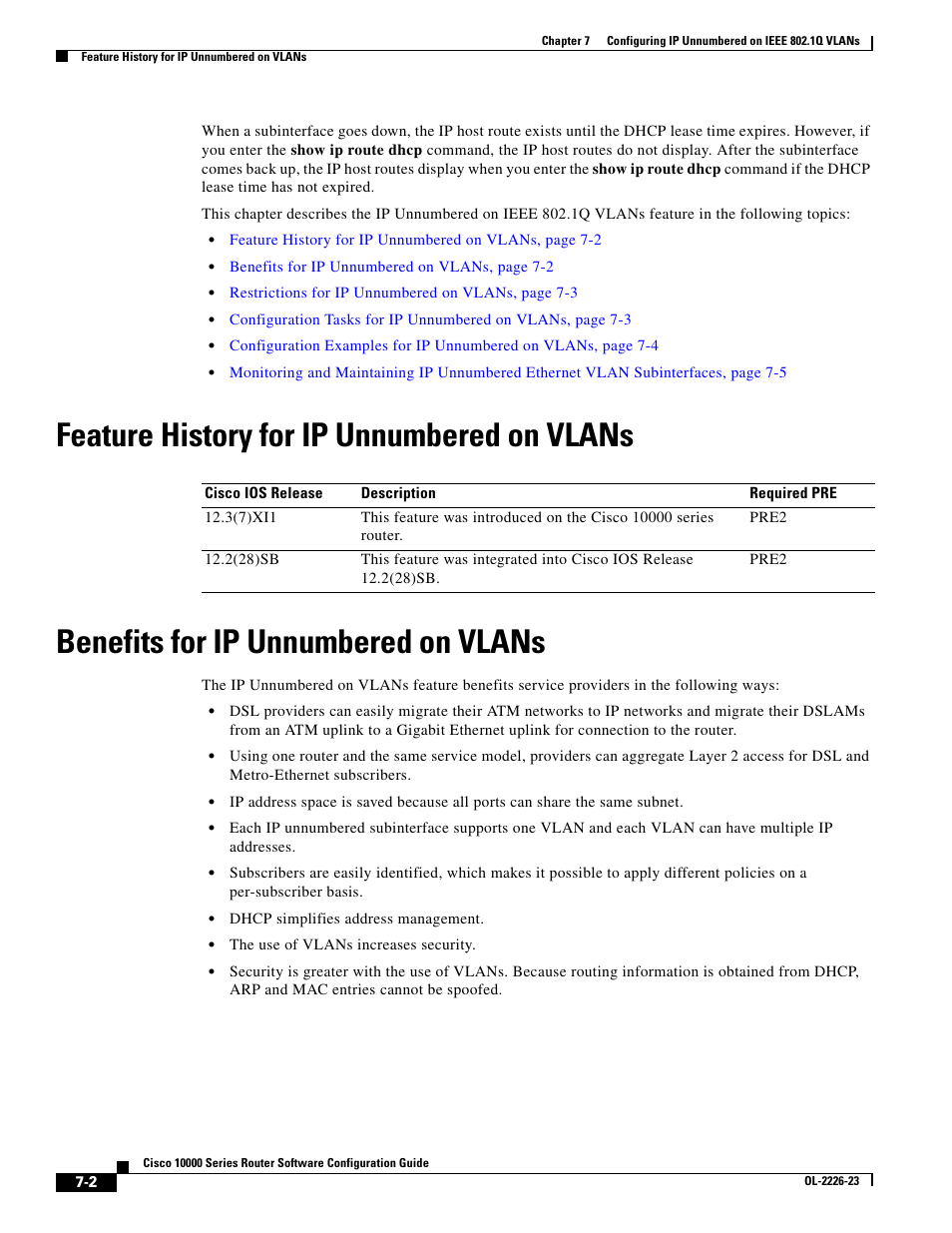 Feature history for ip unnumbered on vlans, Benefits for ip unnumbered on vlans | Cisco 10000 User Manual | Page 236 / 556