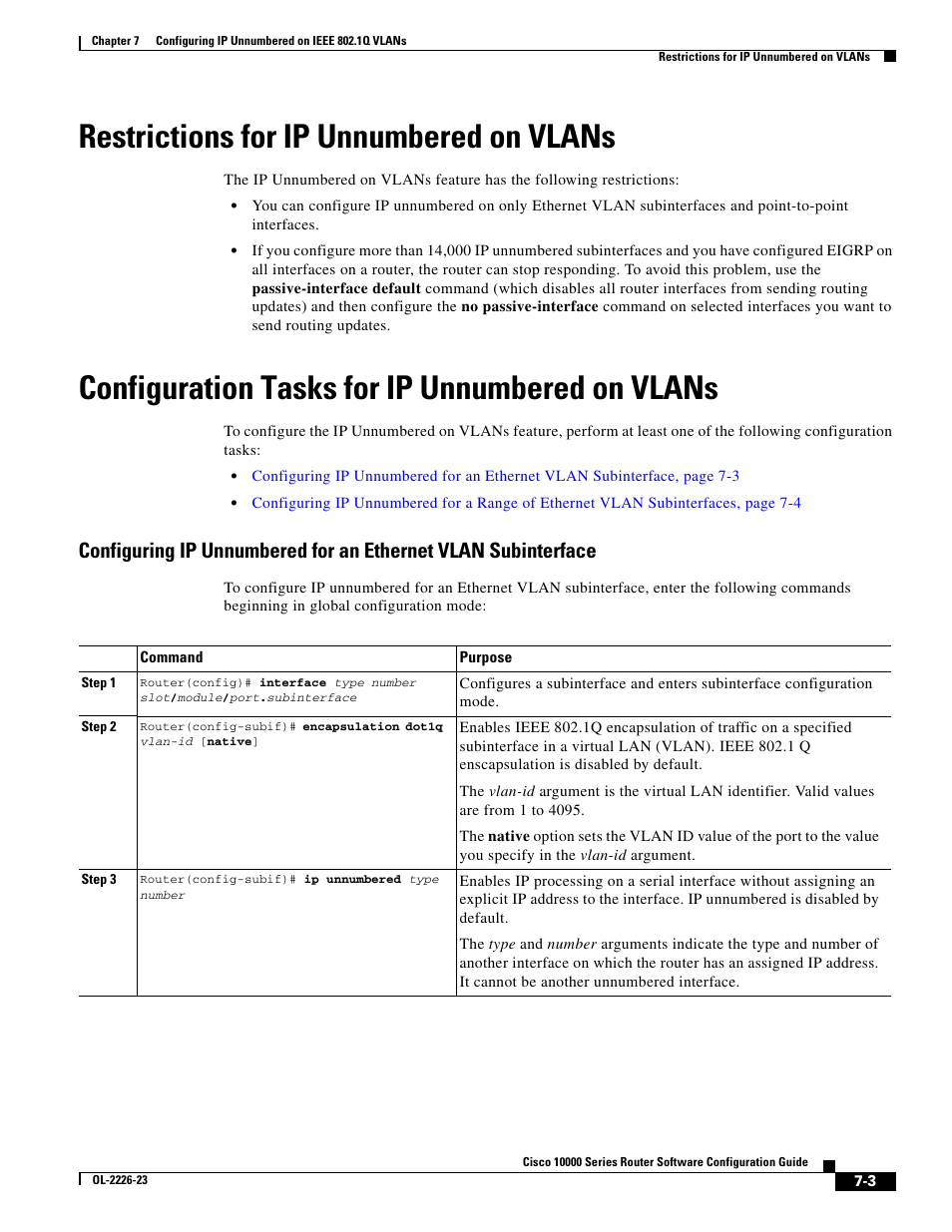 Restrictions for ip unnumbered on vlans, Configuration tasks for ip unnumbered on vlans | Cisco 10000 User Manual | Page 237 / 556