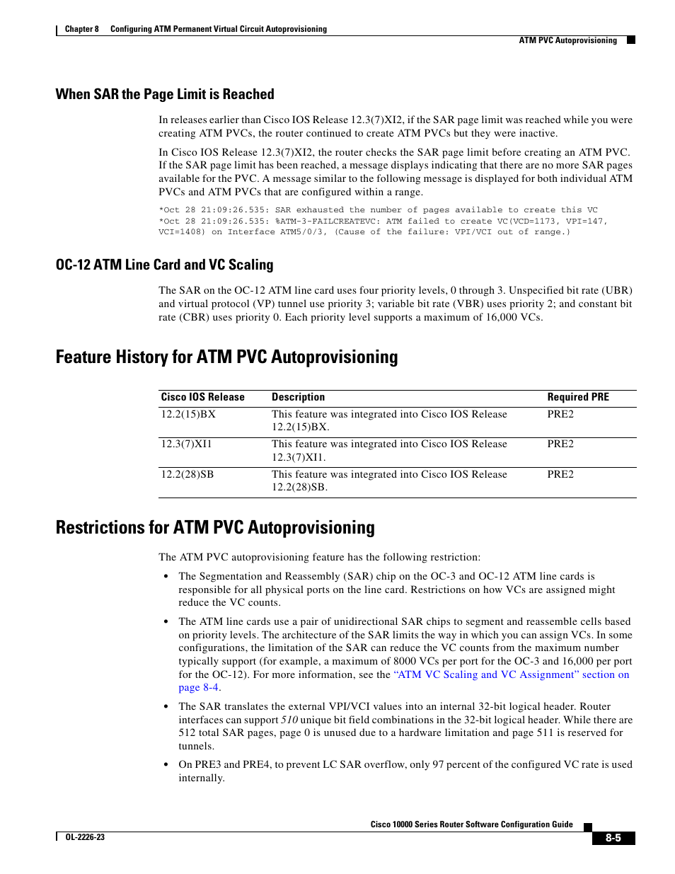 Oc-12 atm line card and vc scaling, Feature history for atm pvc autoprovisioning, Restrictions for atm pvc autoprovisioning | When sar the page limit is reached | Cisco 10000 User Manual | Page 245 / 556