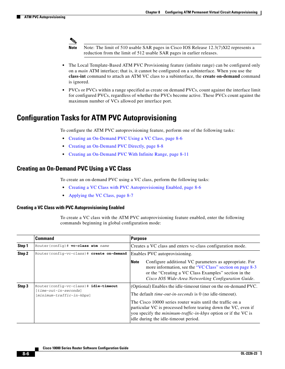 Configuration tasks for atm pvc autoprovisioning, Creating an on-demand pvc using a vc class | Cisco 10000 User Manual | Page 246 / 556