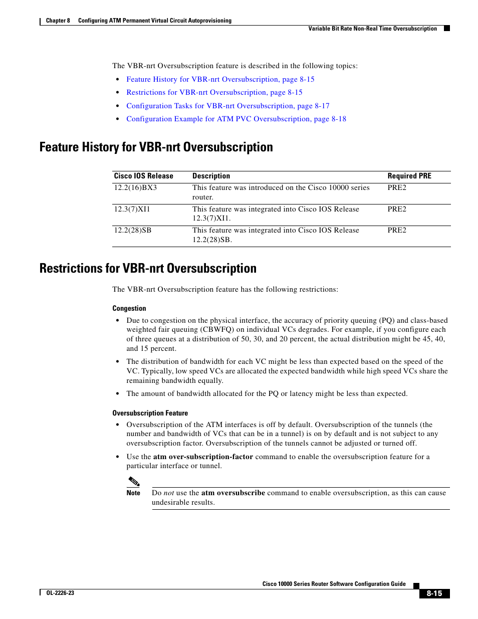 Feature history for vbr-nrt oversubscription, Restrictions for vbr-nrt oversubscription | Cisco 10000 User Manual | Page 255 / 556