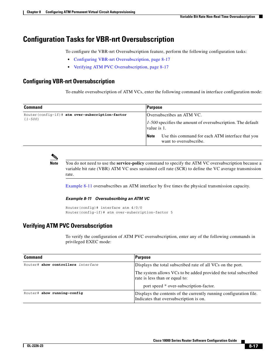 Configuration tasks for vbr-nrt oversubscription, Configuring vbr-nrt oversubscription, Verifying atm pvc oversubscription | Configuring | Cisco 10000 User Manual | Page 257 / 556