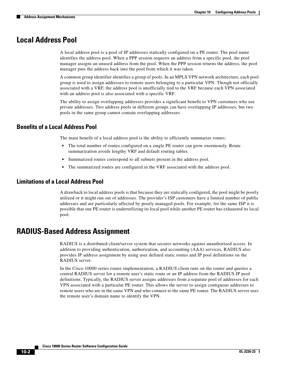 Local address pool, Benefits of a local address pool, Limitations of a local address pool | Radius-based address assignment | Cisco 10000 User Manual | Page 272 / 556