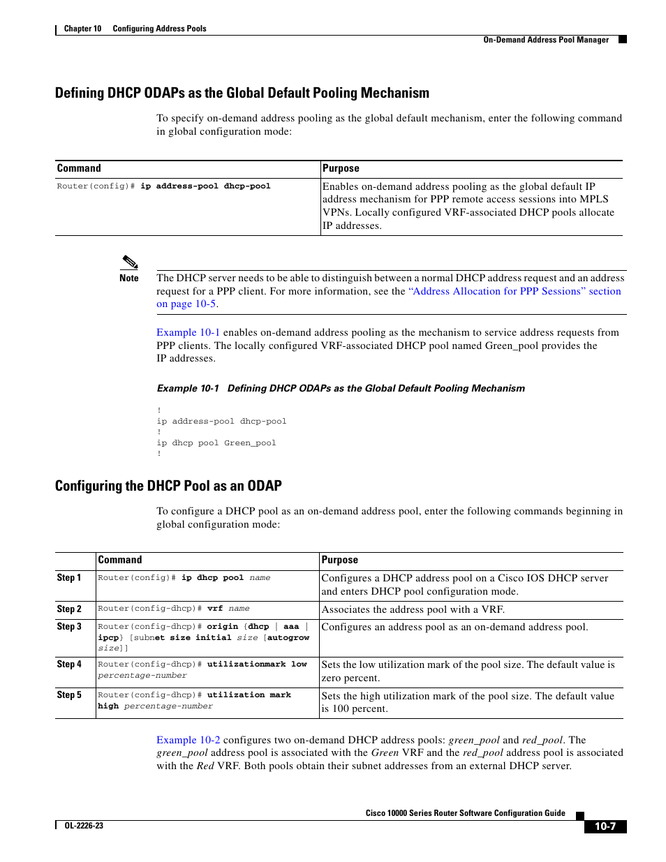 Configuring the dhcp pool as an odap | Cisco 10000 User Manual | Page 277 / 556