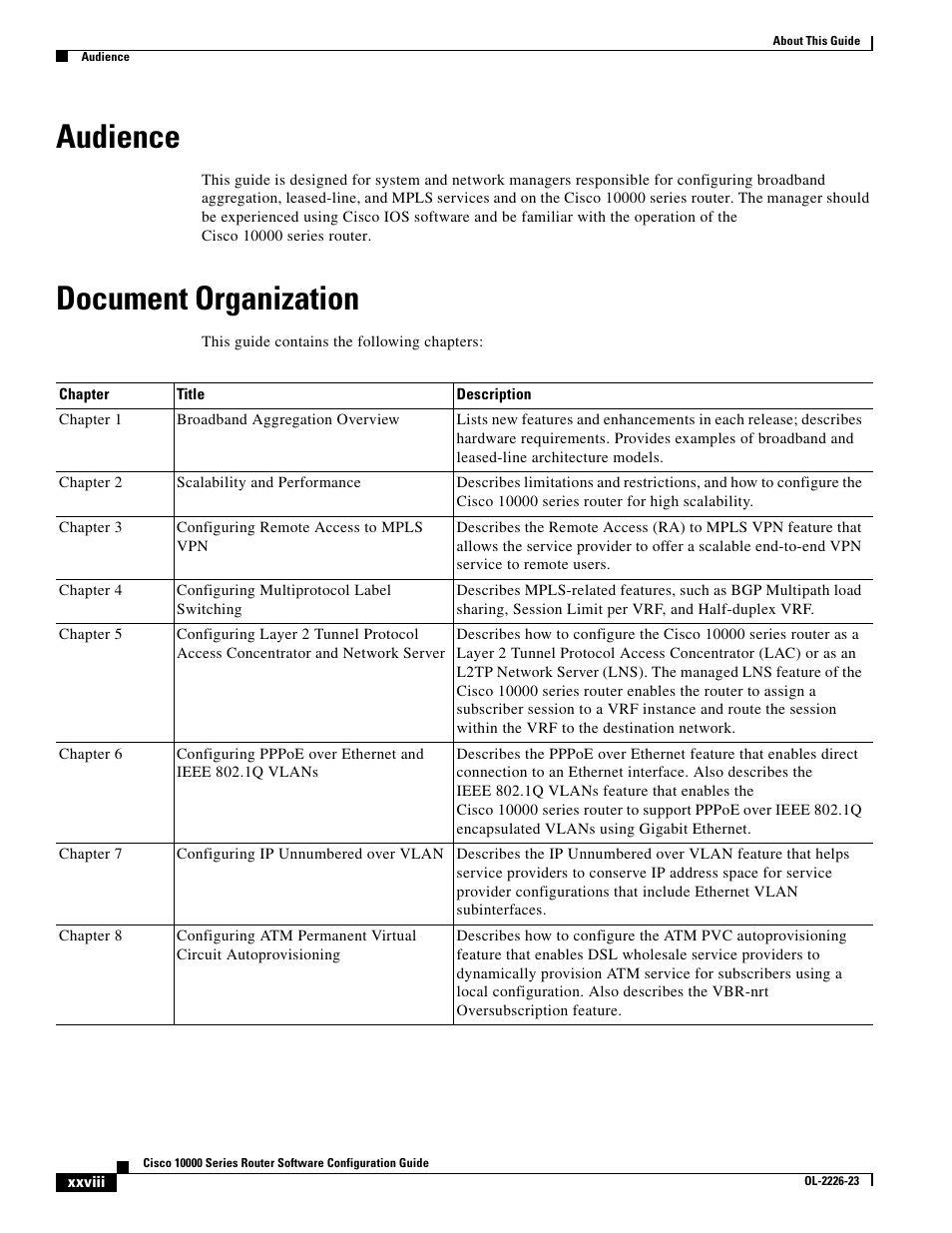 Audience, Document organization | Cisco 10000 User Manual | Page 28 / 556