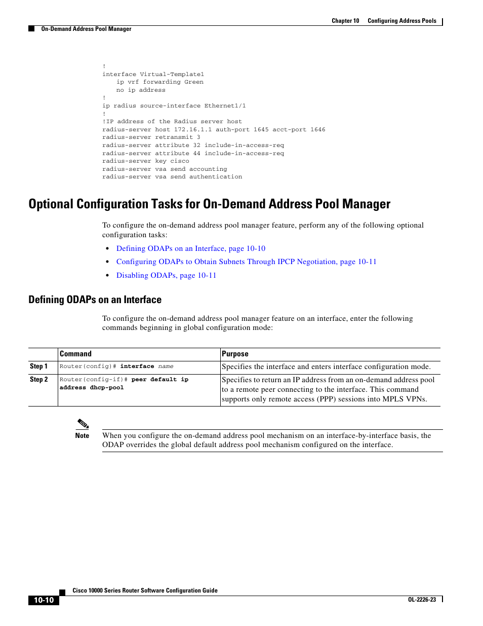 Defining odaps on an interface | Cisco 10000 User Manual | Page 280 / 556