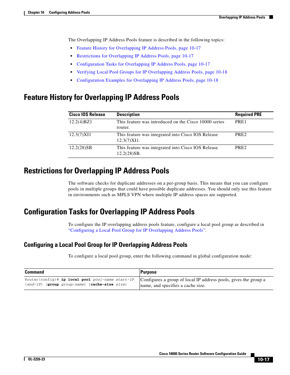 Feature history for overlapping ip address pools, Restrictions for overlapping ip address pools | Cisco 10000 User Manual | Page 287 / 556