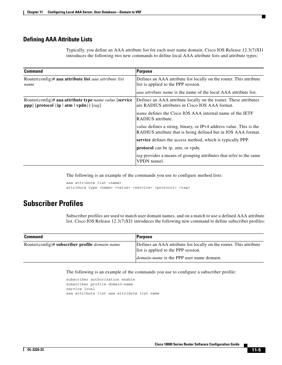 Defining aaa attribute lists, Subscriber profiles | Cisco 10000 User Manual | Page 295 / 556