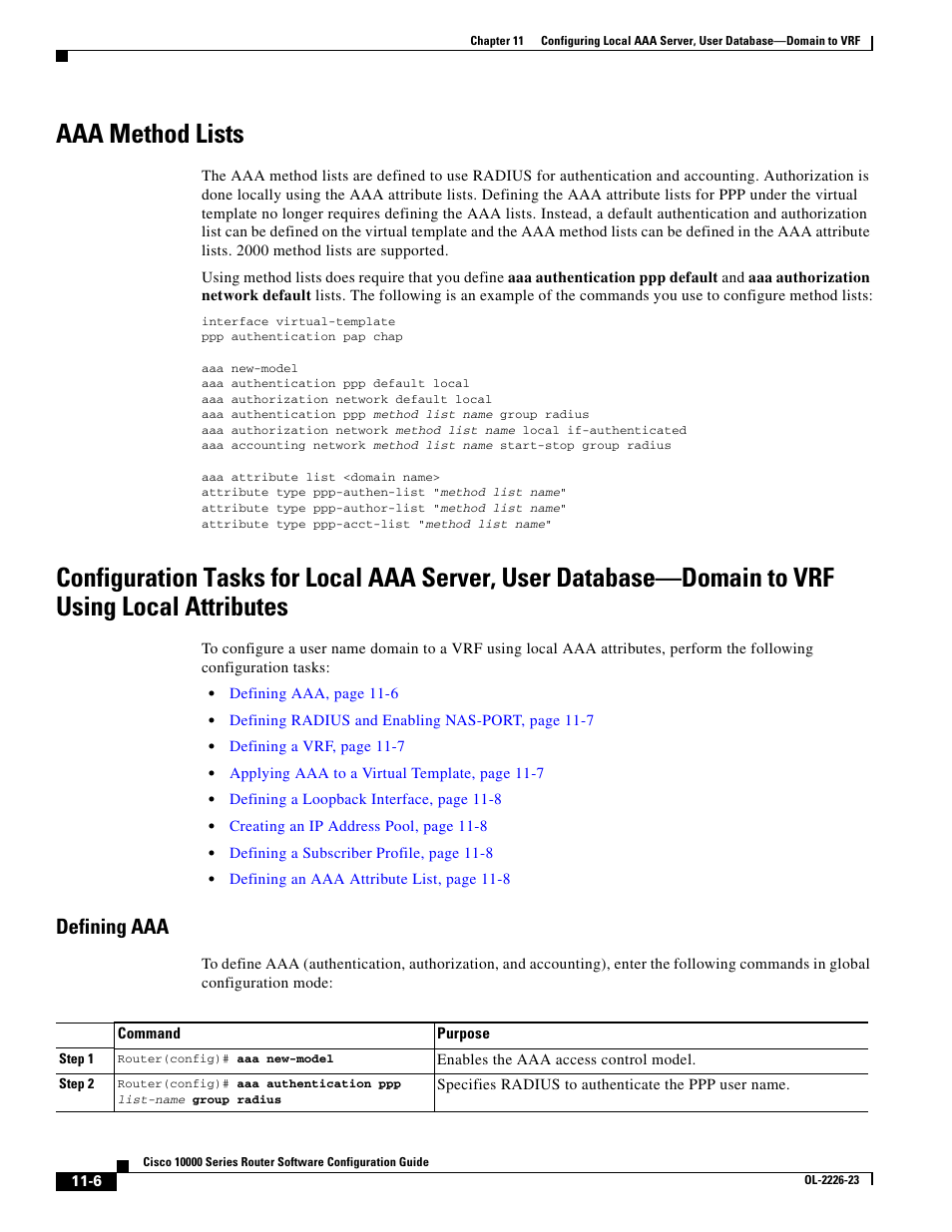 Aaa method lists, Defining aaa | Cisco 10000 User Manual | Page 296 / 556