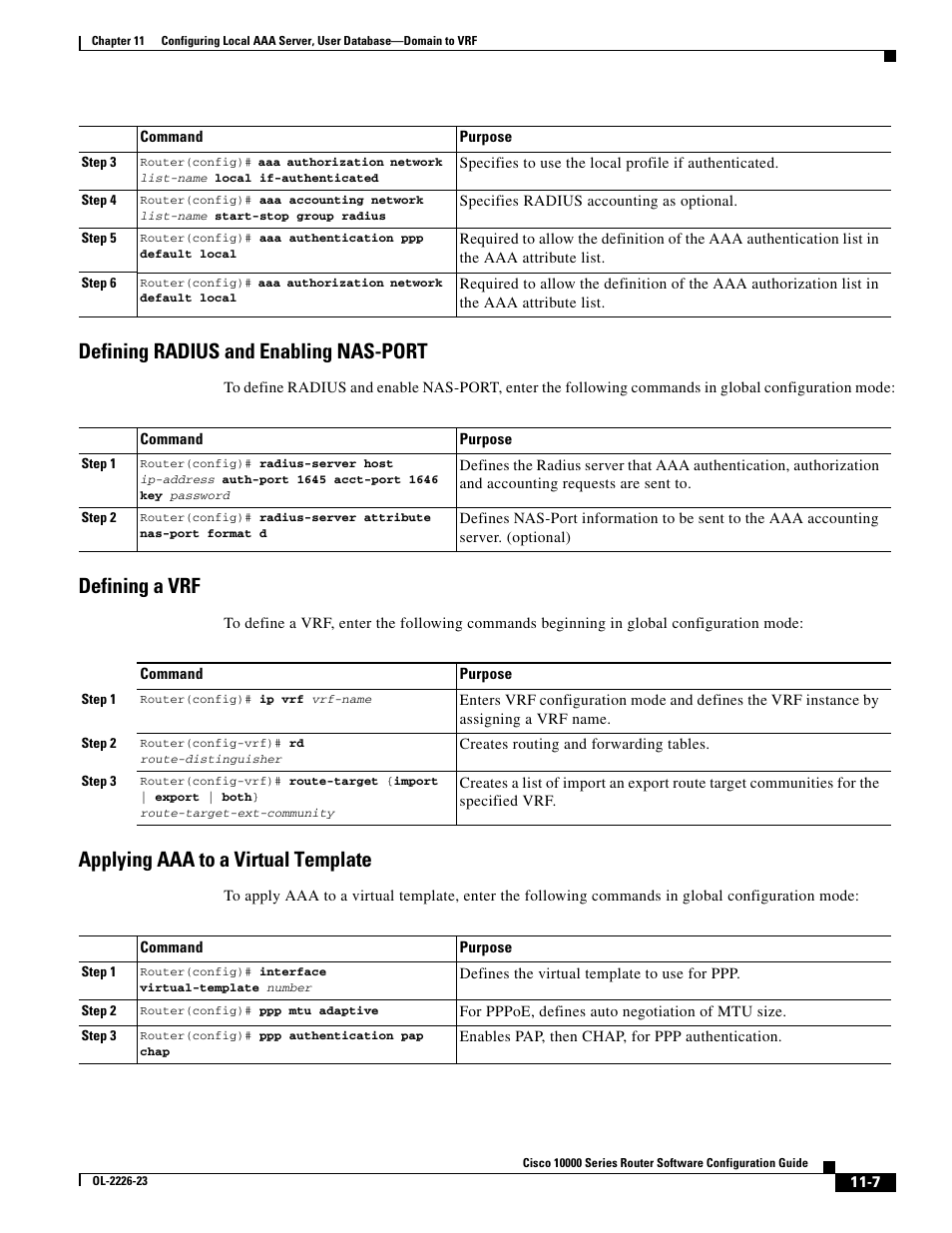 Defining radius and enabling nas-port, Defining a vrf, Applying aaa to a virtual template | Cisco 10000 User Manual | Page 297 / 556