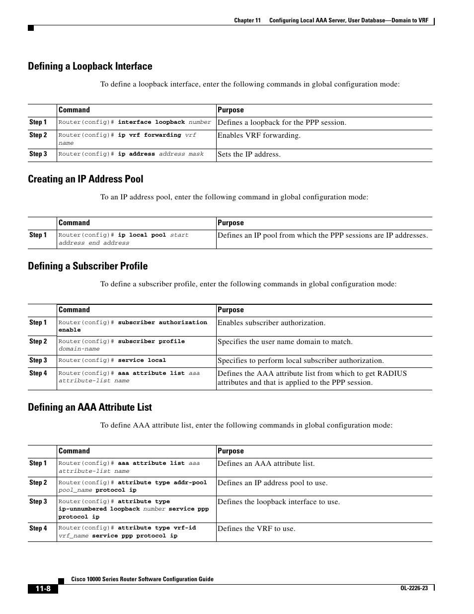 Defining a loopback interface, Creating an ip address pool, Defining a subscriber profile | Defining an aaa attribute list | Cisco 10000 User Manual | Page 298 / 556