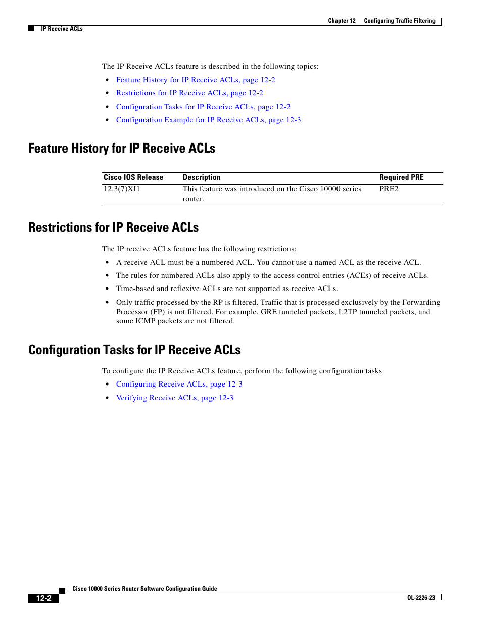 Feature history for ip receive acls, Restrictions for ip receive acls, Configuration tasks for ip receive acls | Cisco 10000 User Manual | Page 304 / 556