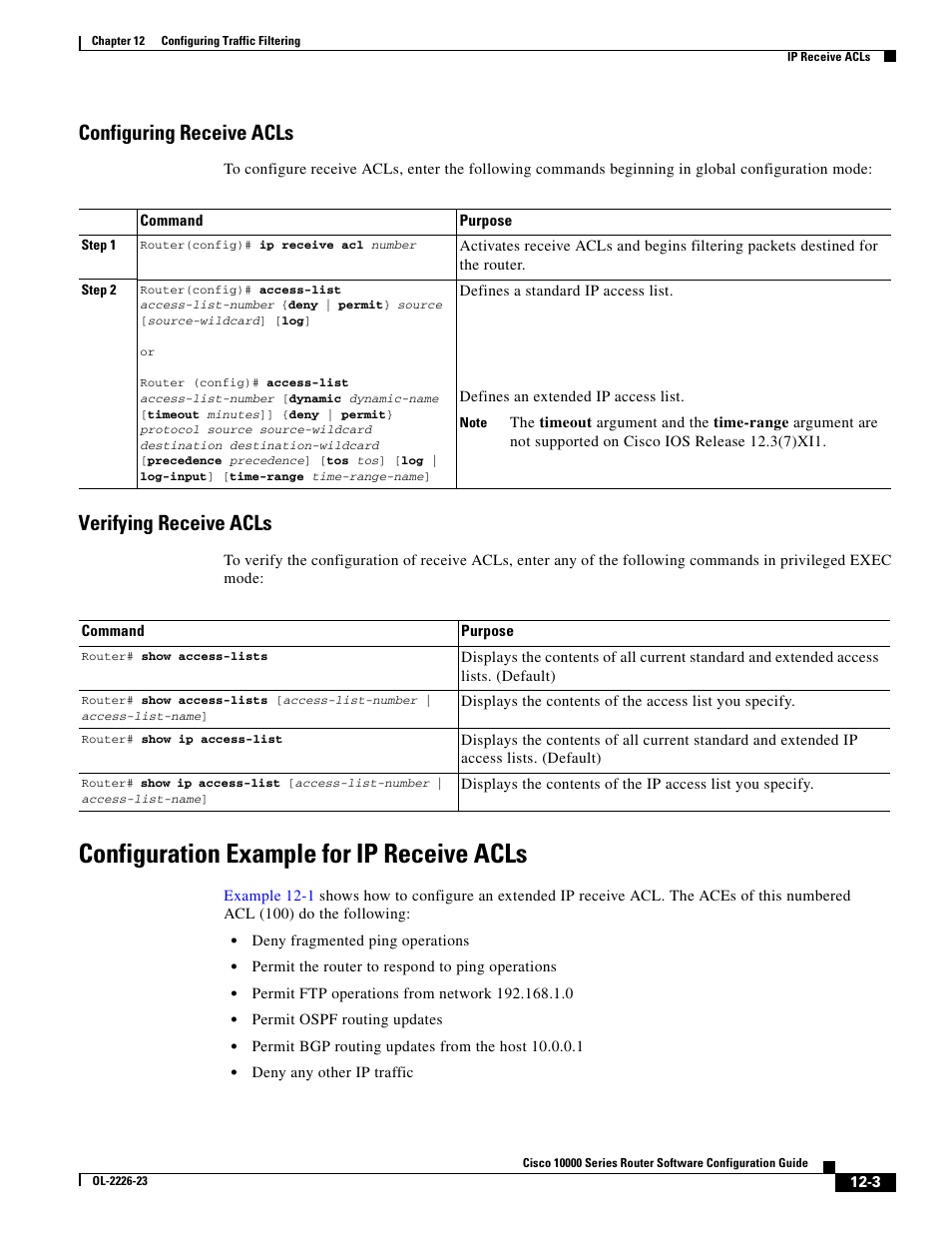 Configuring receive acls, Verifying receive acls, Configuration example for ip receive acls | Cisco 10000 User Manual | Page 305 / 556