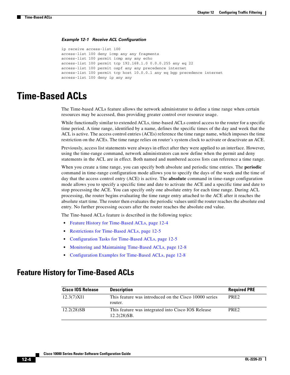 Time-based acls, Feature history for time-based acls | Cisco 10000 User Manual | Page 306 / 556