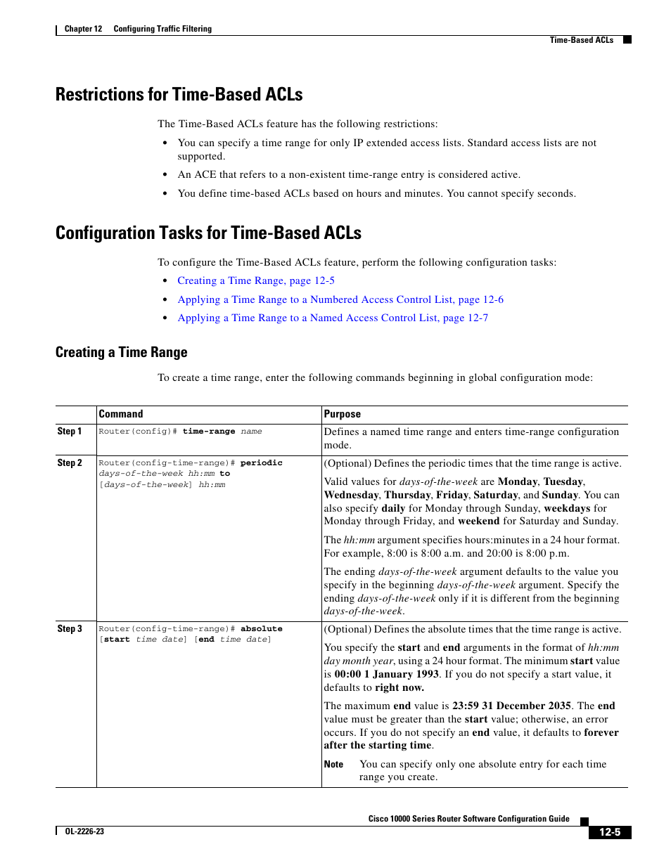 Restrictions for time-based acls, Configuration tasks for time-based acls, Creating a time range | Cisco 10000 User Manual | Page 307 / 556