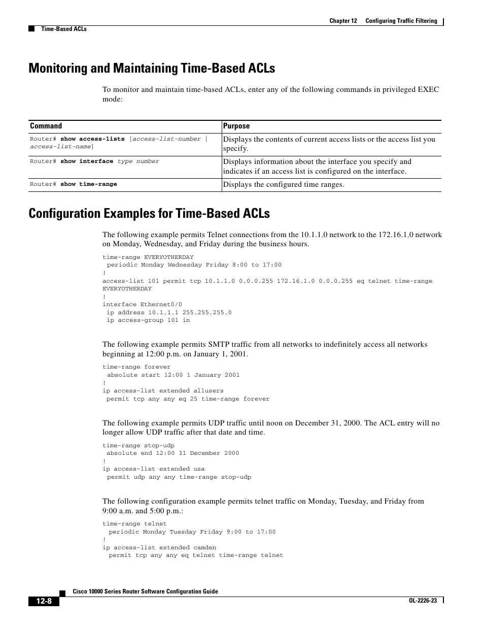 Monitoring and maintaining time-based acls, Configuration examples for time-based acls | Cisco 10000 User Manual | Page 310 / 556