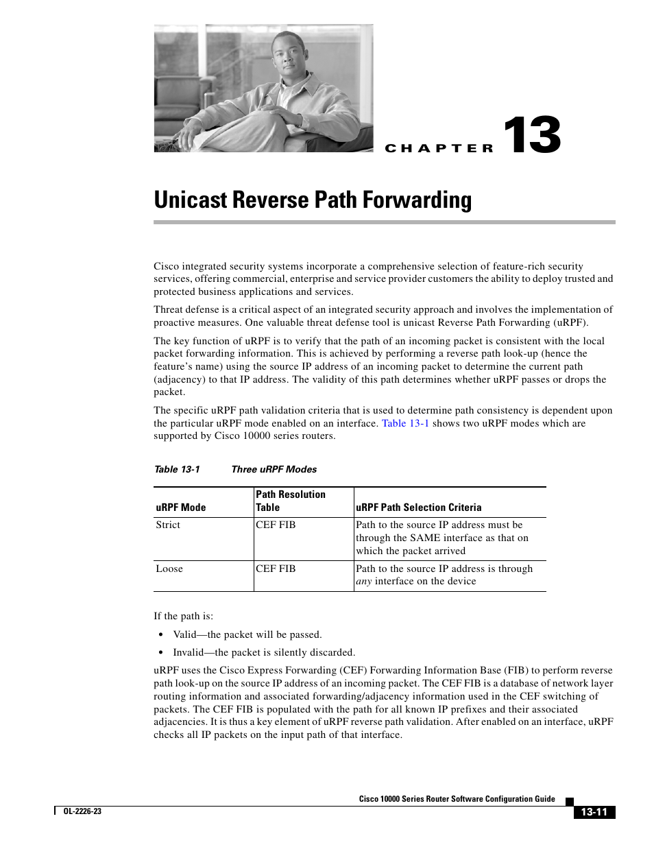 Unicast reverse path forwarding, C h a p t e r, Chapter 13, “unicast reverse path forwarding | Cisco 10000 User Manual | Page 313 / 556