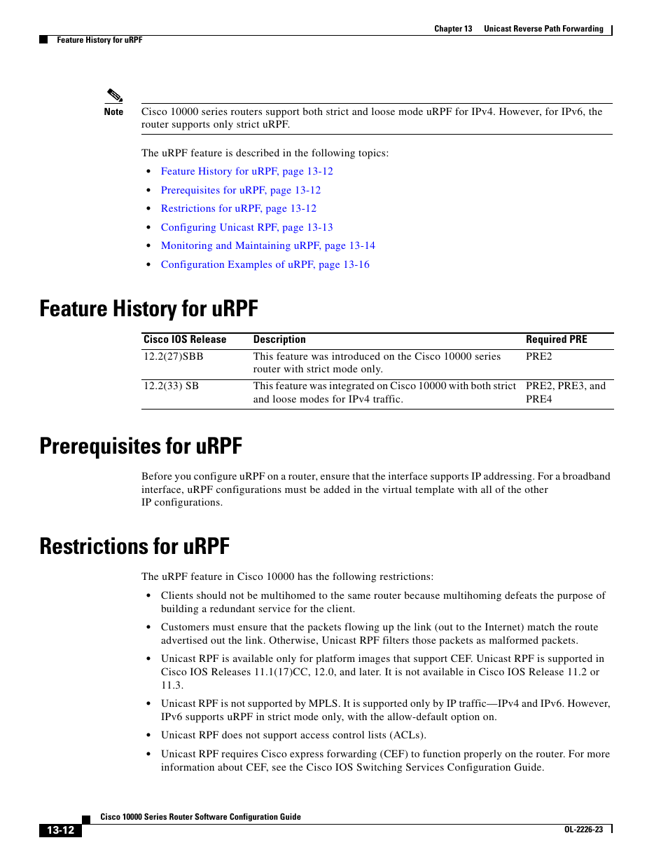 Feature history for urpf, Prerequisites for urpf, Restrictions for urpf | Feature history for urpf prerequisites for urpf | Cisco 10000 User Manual | Page 314 / 556