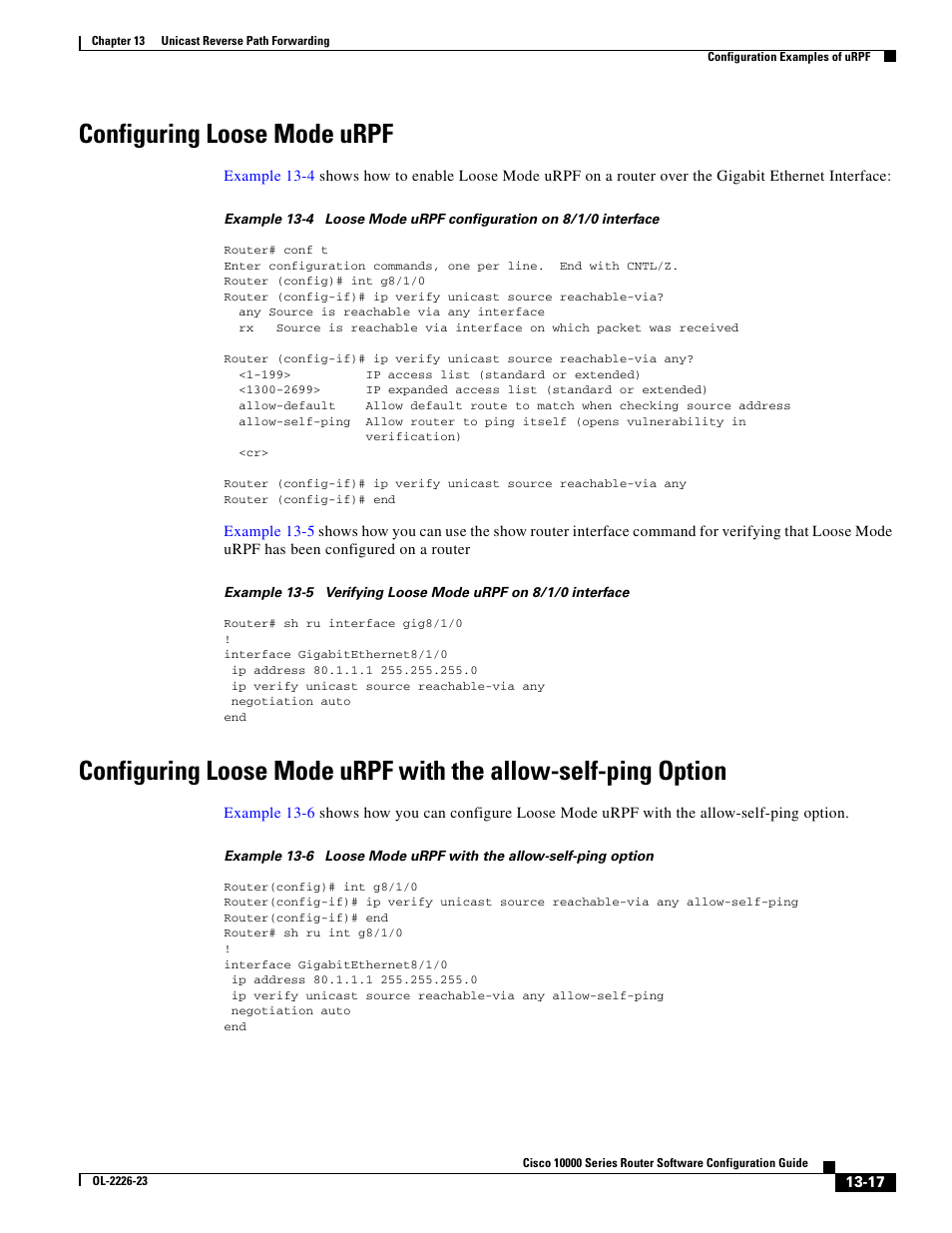 Configuring loose mode urpf | Cisco 10000 User Manual | Page 319 / 556