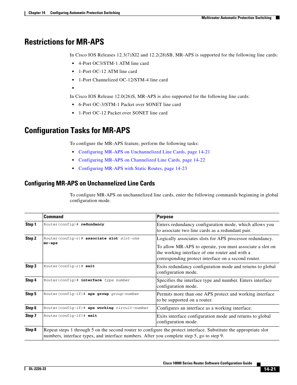 Restrictions for mr-aps, Configuration tasks for mr-aps, Configuring mr-aps on unchannelized line cards | Cisco 10000 User Manual | Page 323 / 556