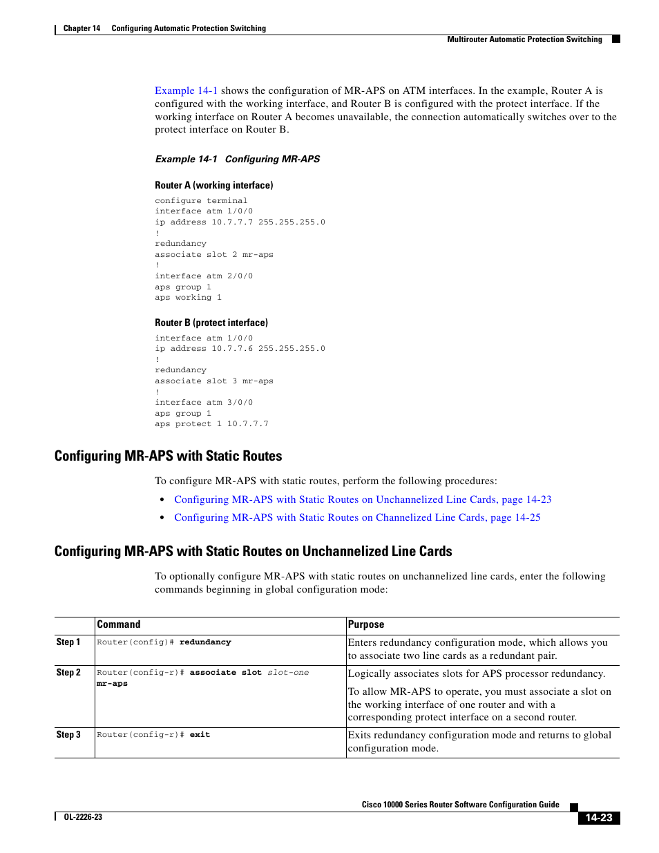 Configuring mr-aps with static routes, Example 14-1 | Cisco 10000 User Manual | Page 325 / 556