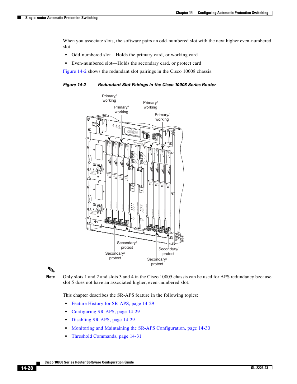 Feature history for sr-aps, page 14-29, Configuring sr-aps, page 14-29, Disabling sr-aps, page 14-29 | Threshold commands, page 14-31 | Cisco 10000 User Manual | Page 330 / 556