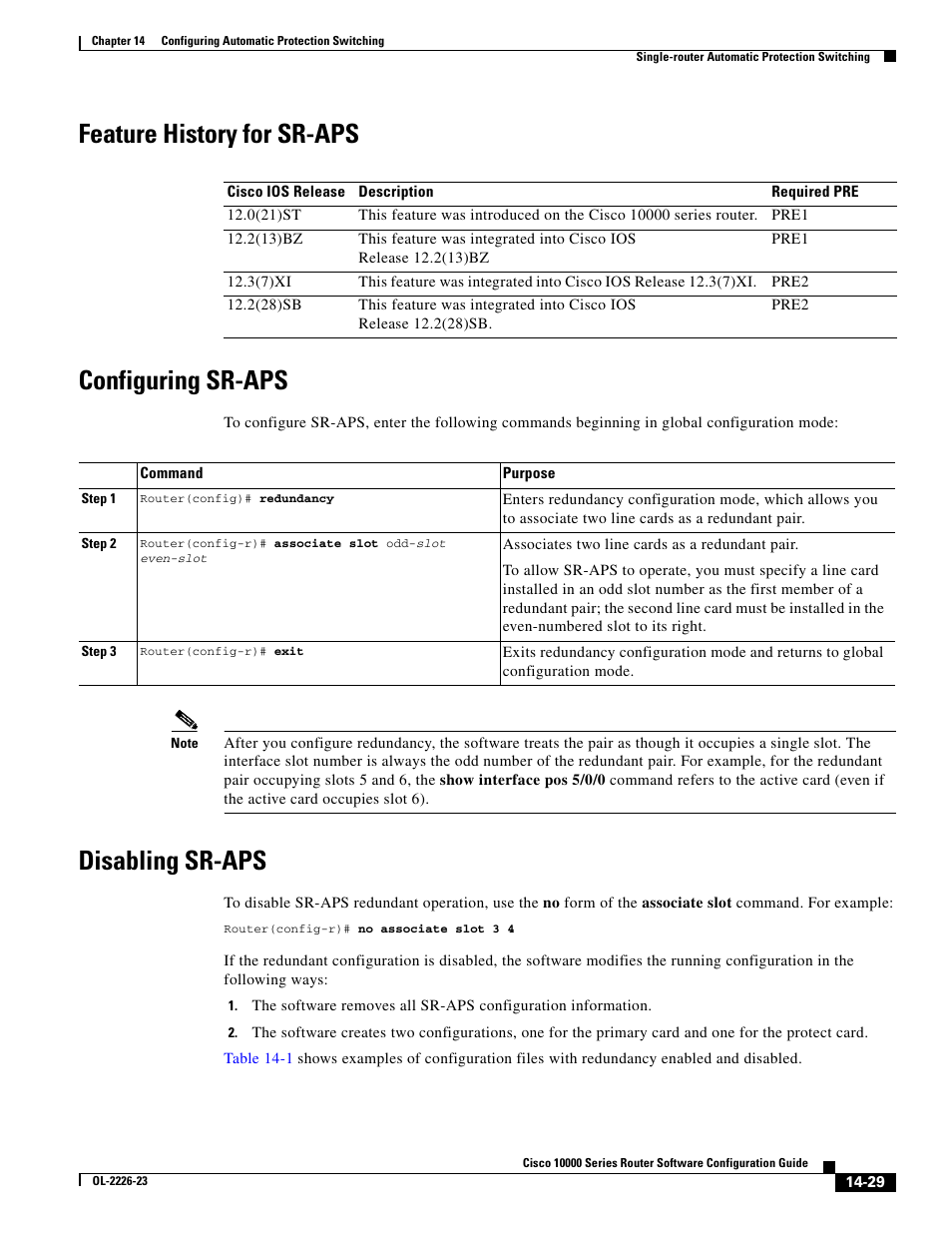 Feature history for sr-aps, Configuring sr-aps, Disabling sr-aps | Feature history for sr-aps configuring sr-aps | Cisco 10000 User Manual | Page 331 / 556