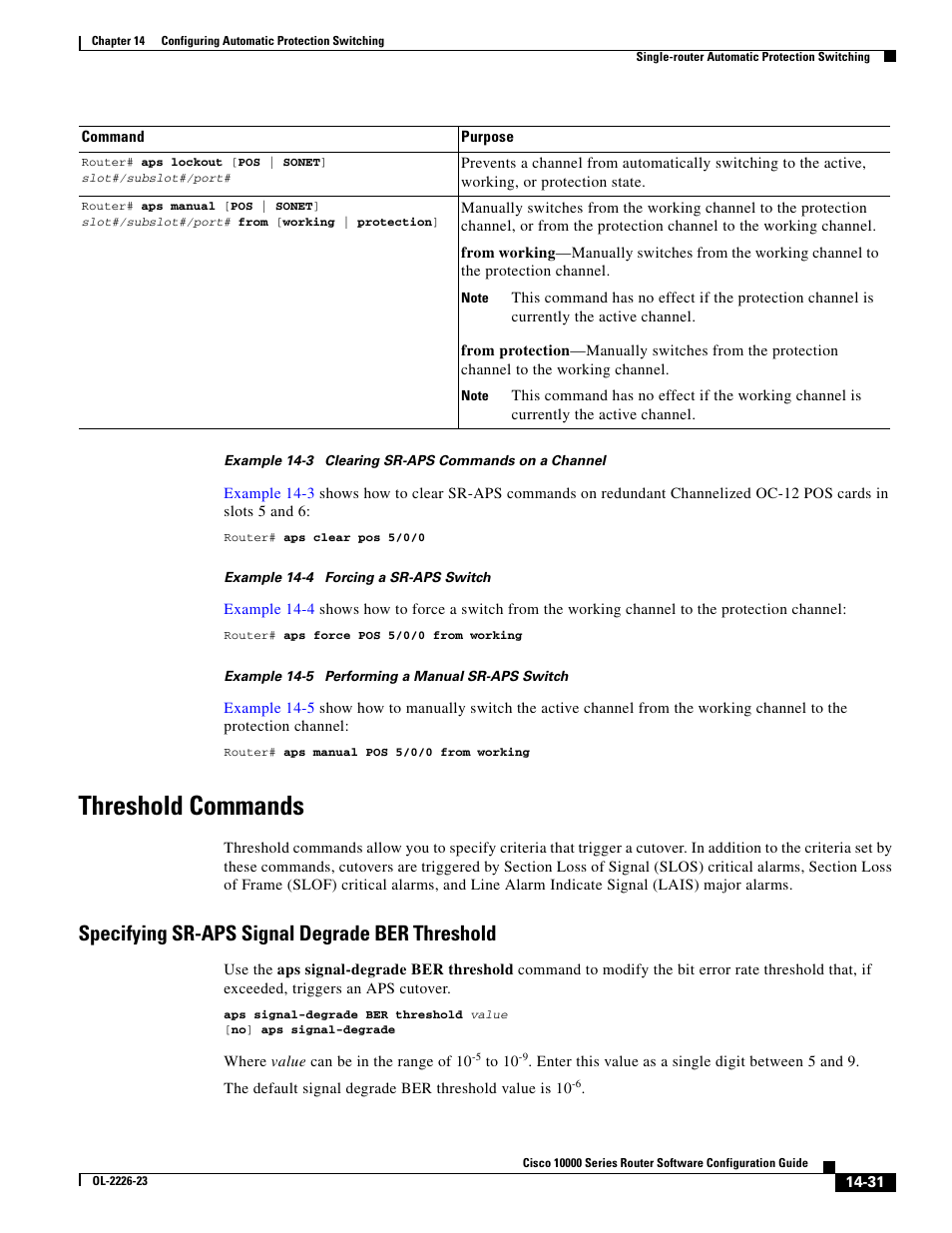 Threshold commands, Specifying sr-aps signal degrade ber threshold | Cisco 10000 User Manual | Page 333 / 556