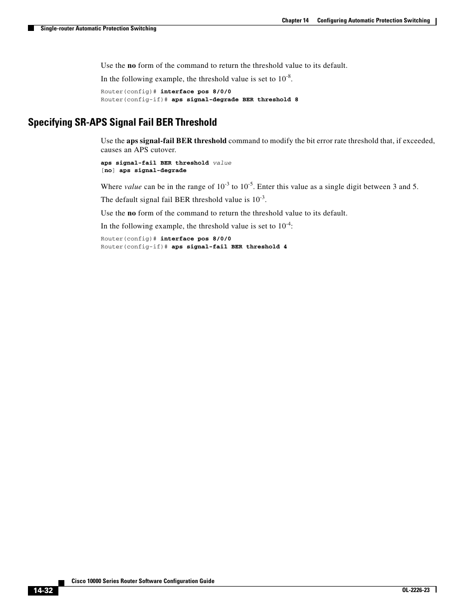 Specifying sr-aps signal fail ber threshold | Cisco 10000 User Manual | Page 334 / 556